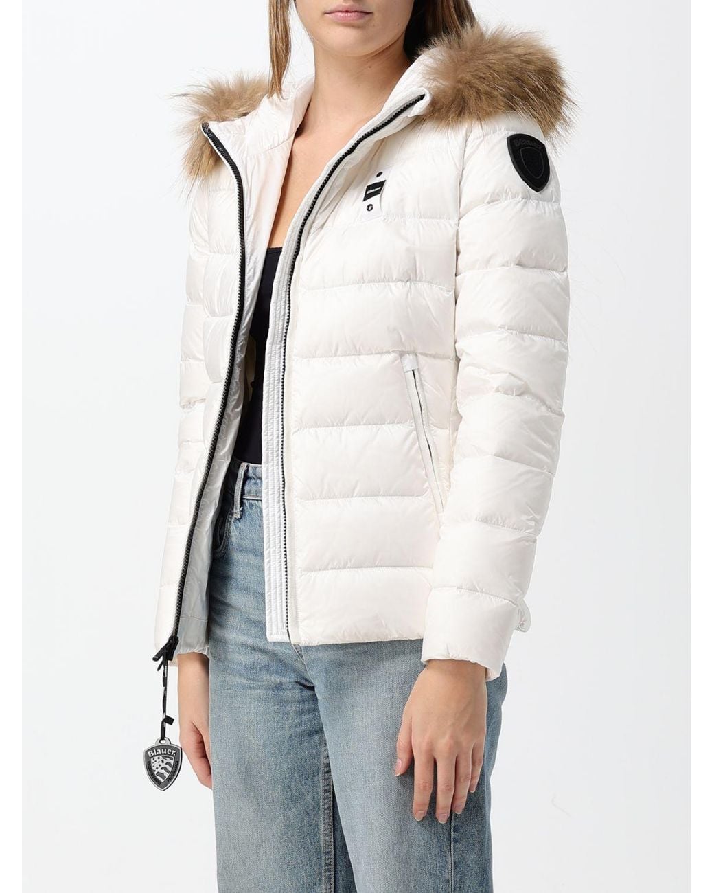 Blauer Gray Short Quilted Nylon Down Jacket With Shearling Hood And Slim Fit