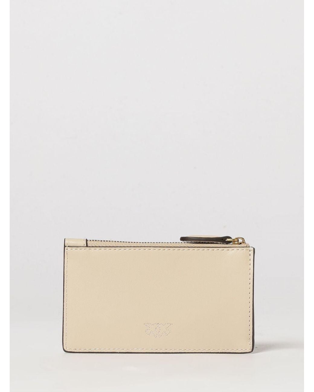 Pinko Natural Flat Leather Card Holder With Love Birds Logo And Zip Closure