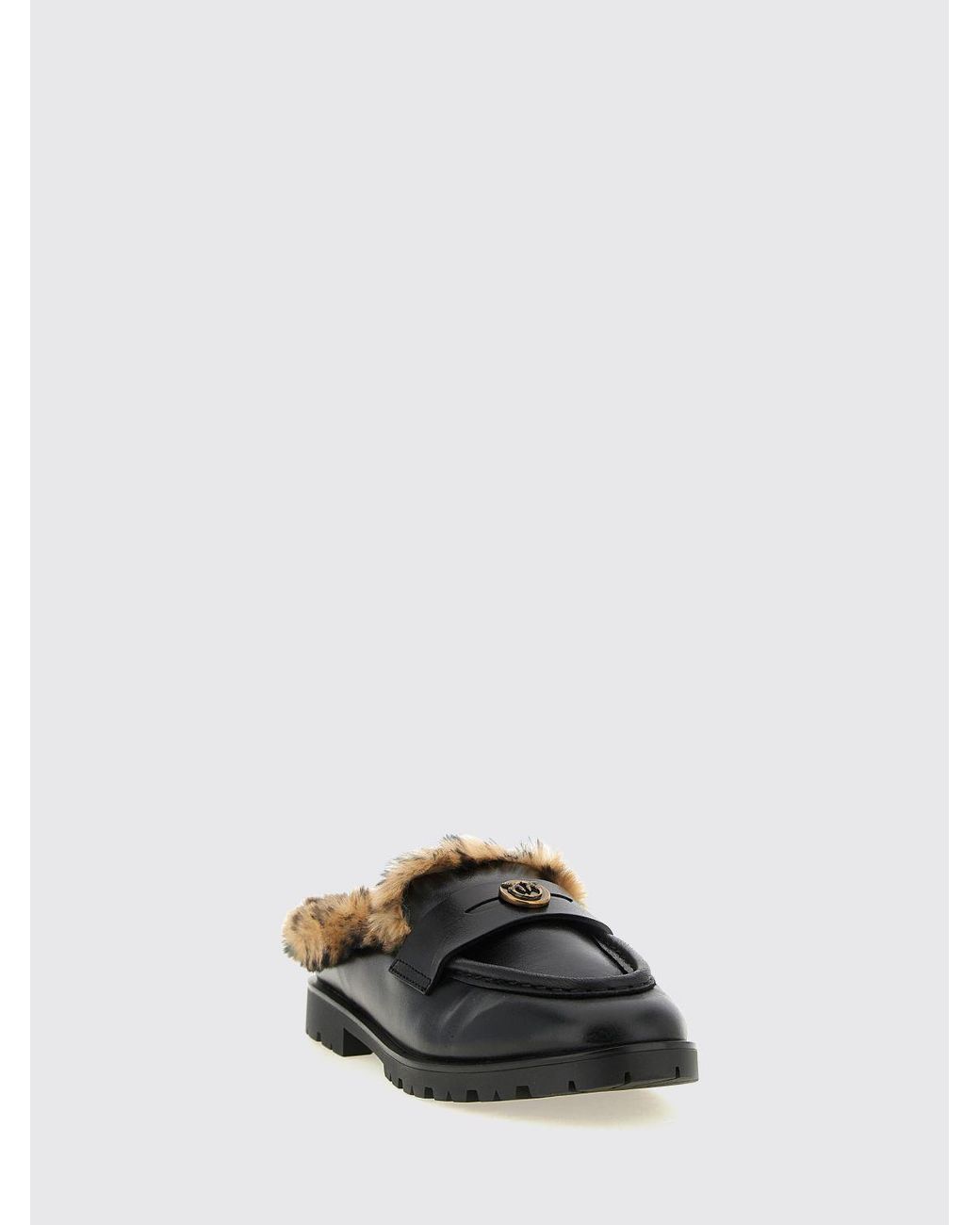 Pinko Black Nora Shearling-Lined Leather Loafer Mules With Love Birds Logo