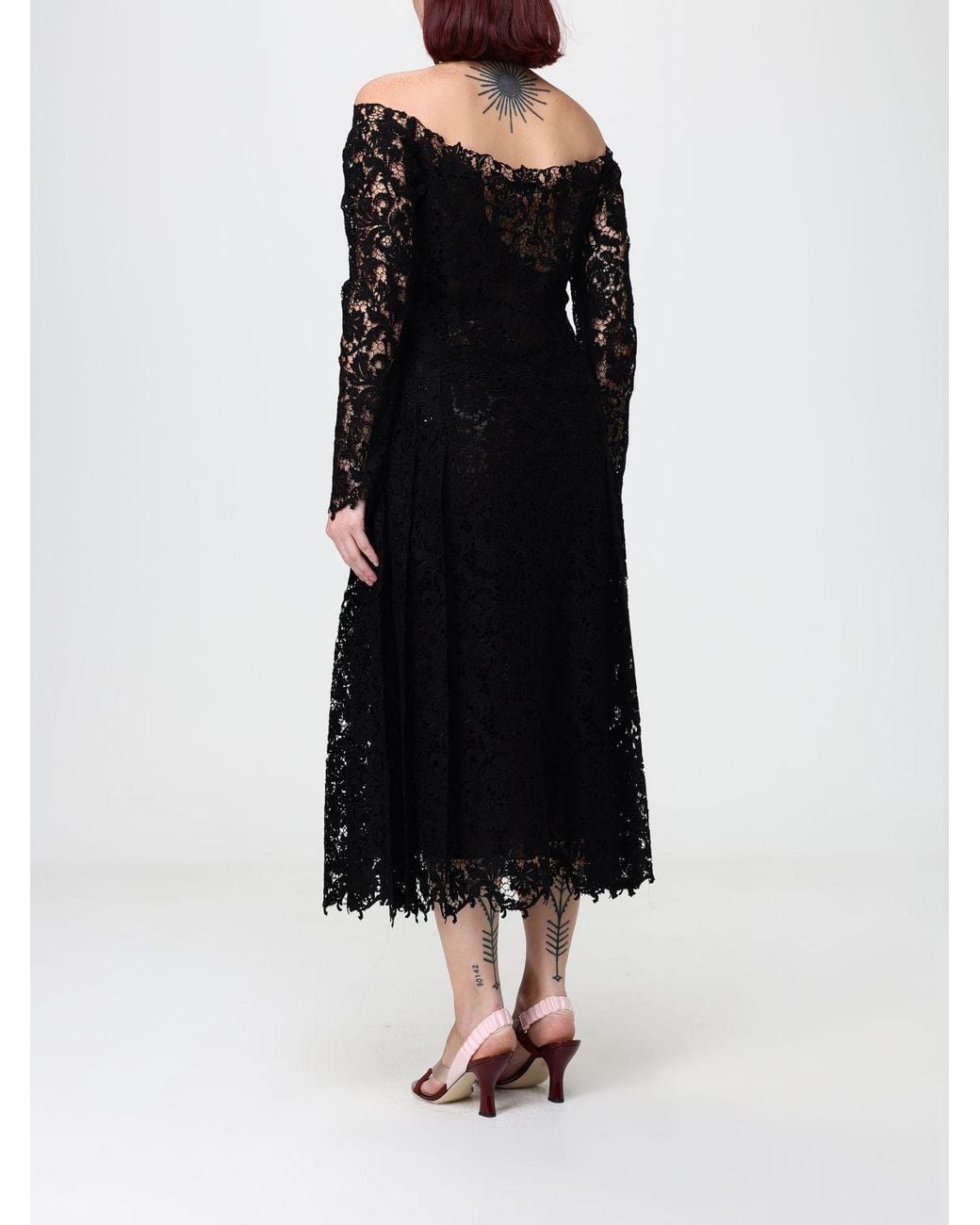 Fendi Black A-Line Lace Midi Dress With A Straight Neckline