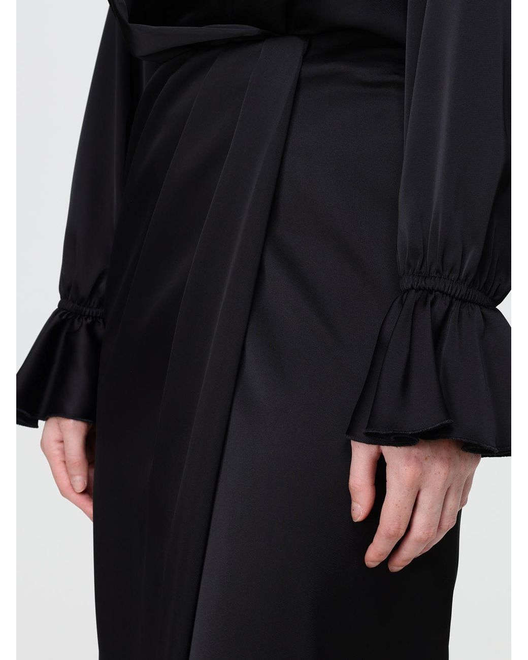 Hanita Black Draped High-Waisted Satin Long Pencil Skirt