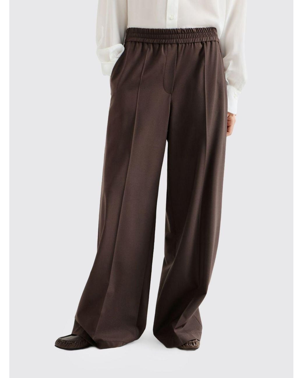 Brunello Cucinelli Brown Wide-Leg Wool Trousers With Elasticated Waist
