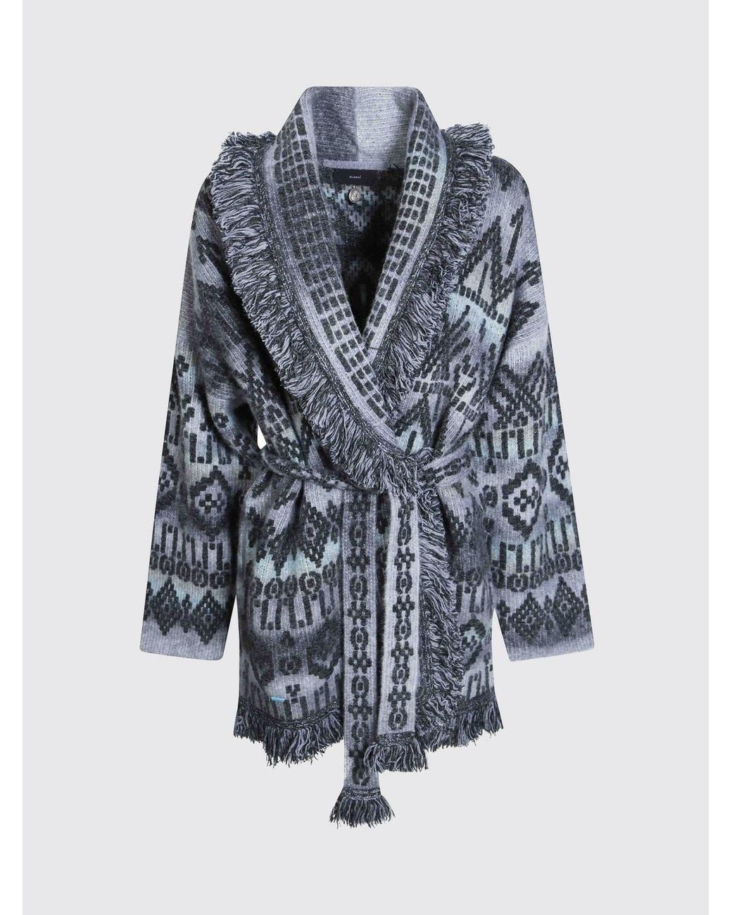 Alanui Gray Jacquard Virgin Wool Robe Cardigan With Shawl Collar And Fringes
