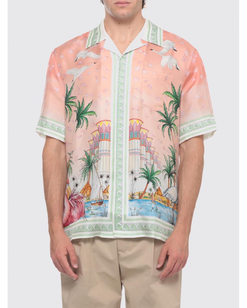 Casablanca Pink Short-Sleeved Graphic Print Silk Shirt With Cuban Collar for men