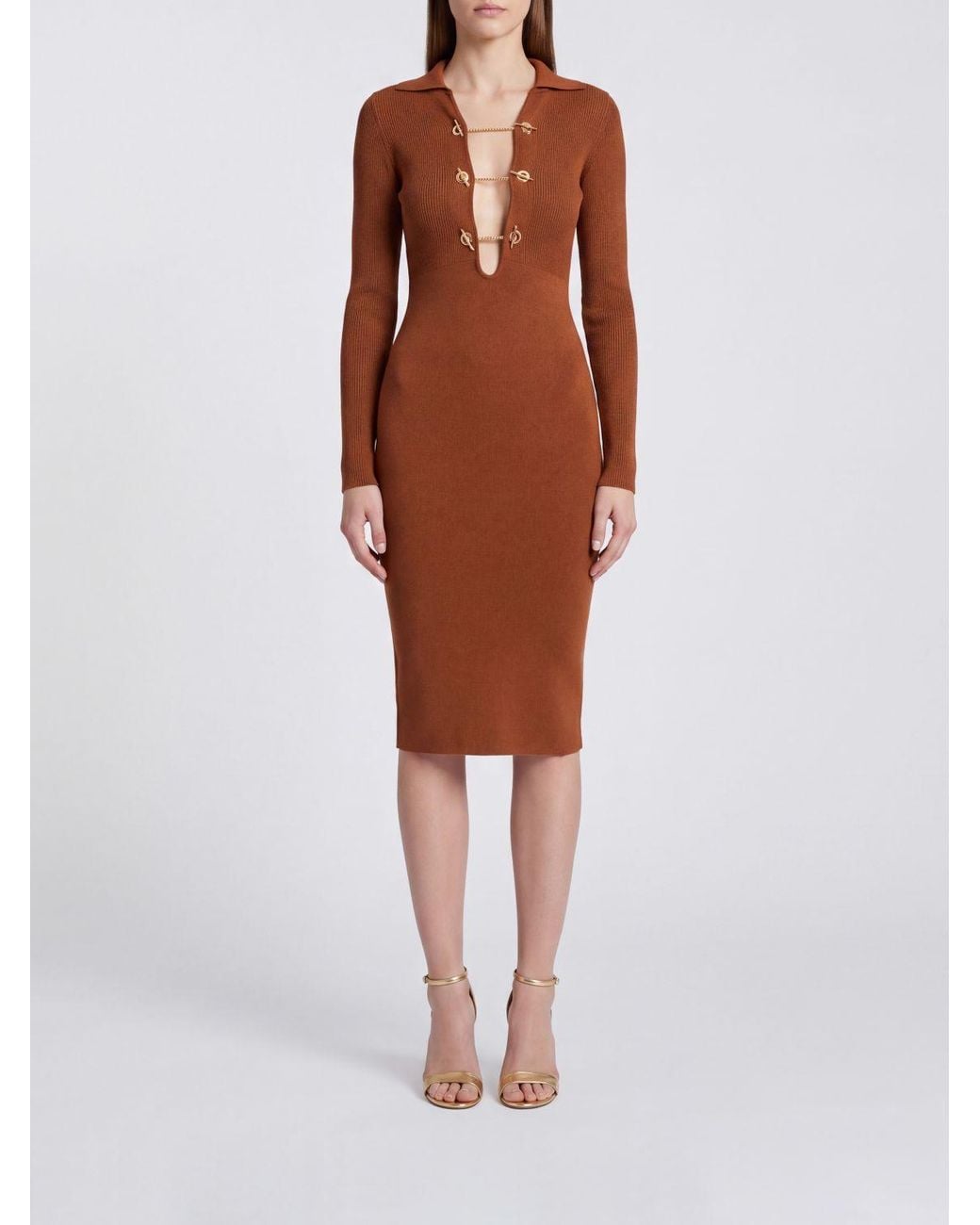 Elisabetta Franchi Brown Slim-Fit Midi Sheath Dress