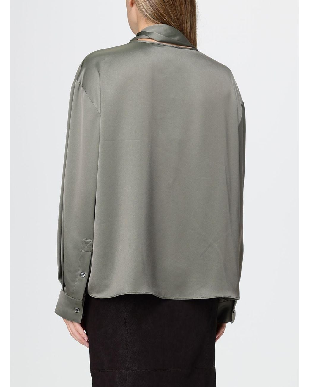 Pinko Gray Satin Blouse With Pussy-Bow Neck, Long Sleeves And Dropped Shoulders