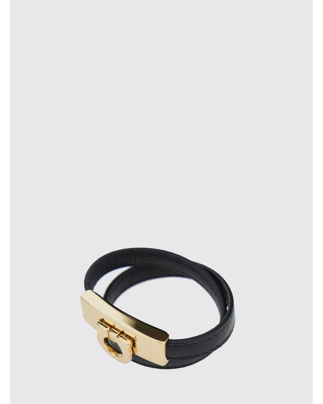 Ferragamo Black Lambskin Leather And Brass Bracelet With Logo Detail