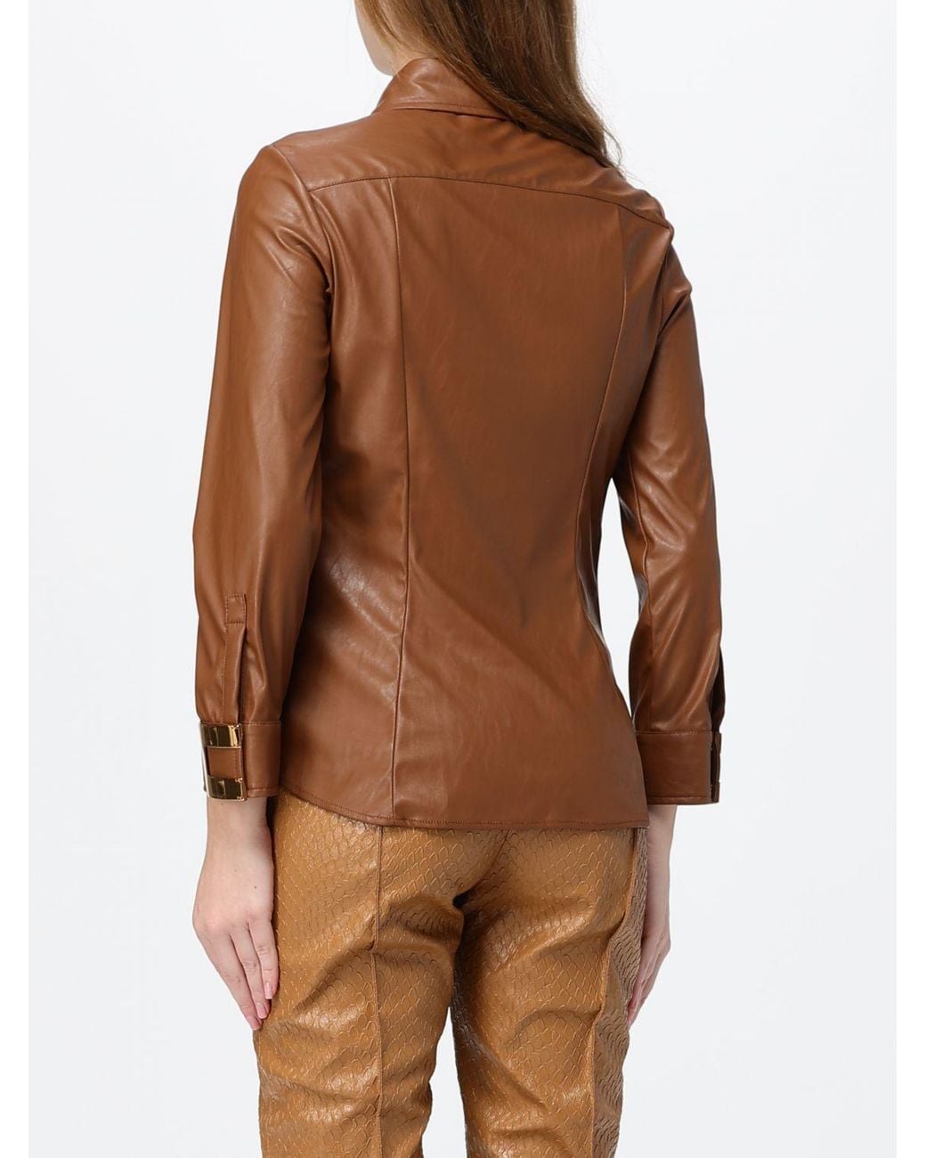 Elisabetta Franchi Brown Slim-Fit Faux Leather Shirt With Logo Detail Cuffs