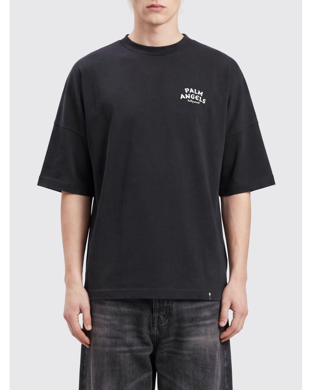 Palm Angels Black Cotton Crew Neck T-Shirt With Contrast Logo for men