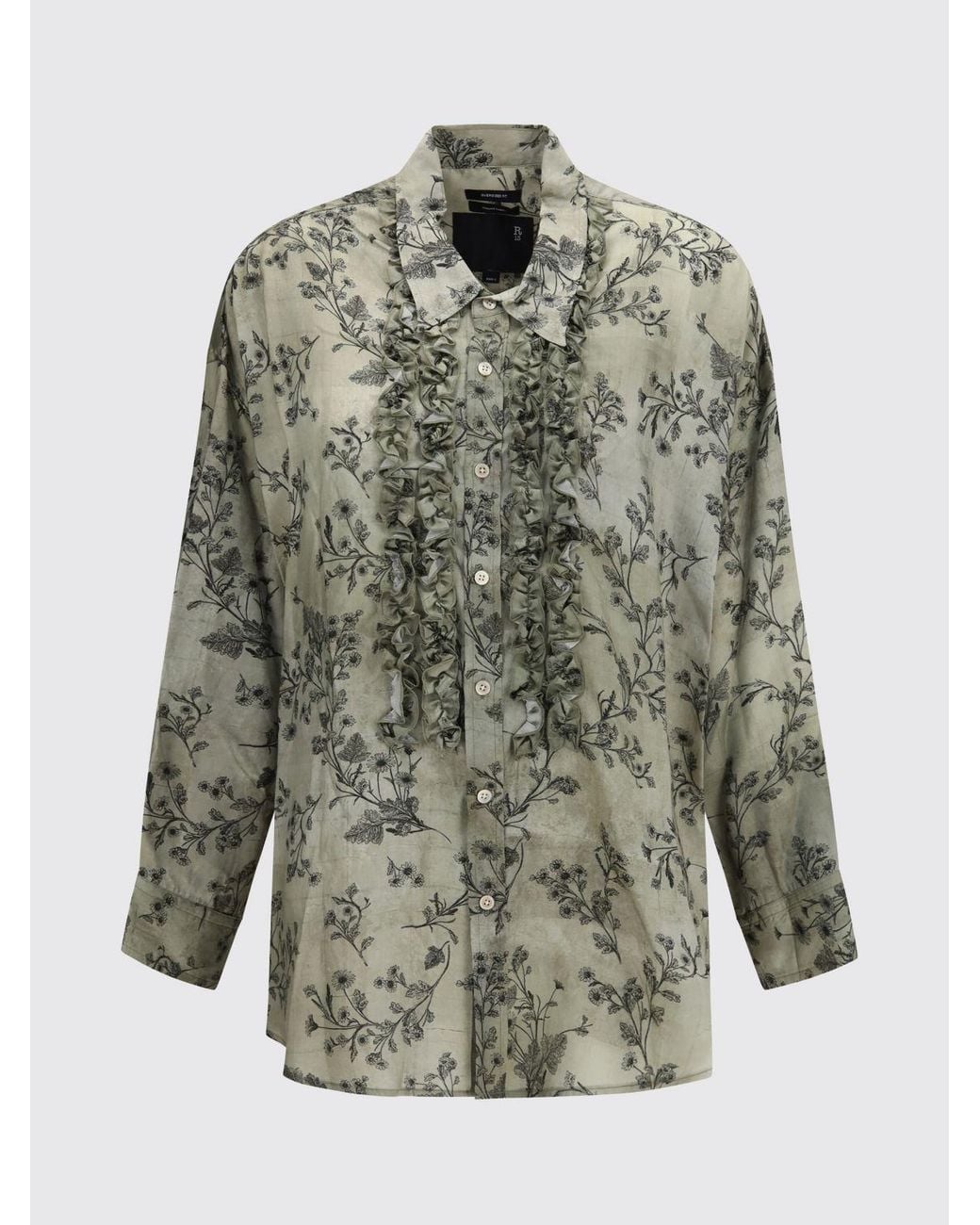 R13 Gray Long-Sleeved Floral Print Viscose Shirt