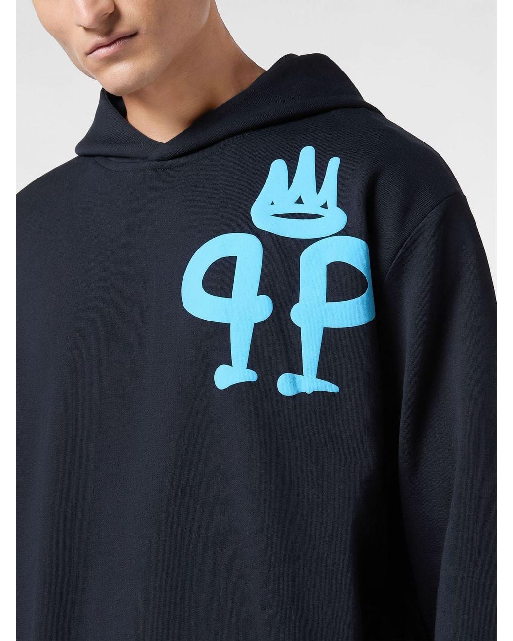 Philipp Plein Blue Contrast Logo Cotton Hoodie With Kangaroo Pocket And Dropped Shoulders for men
