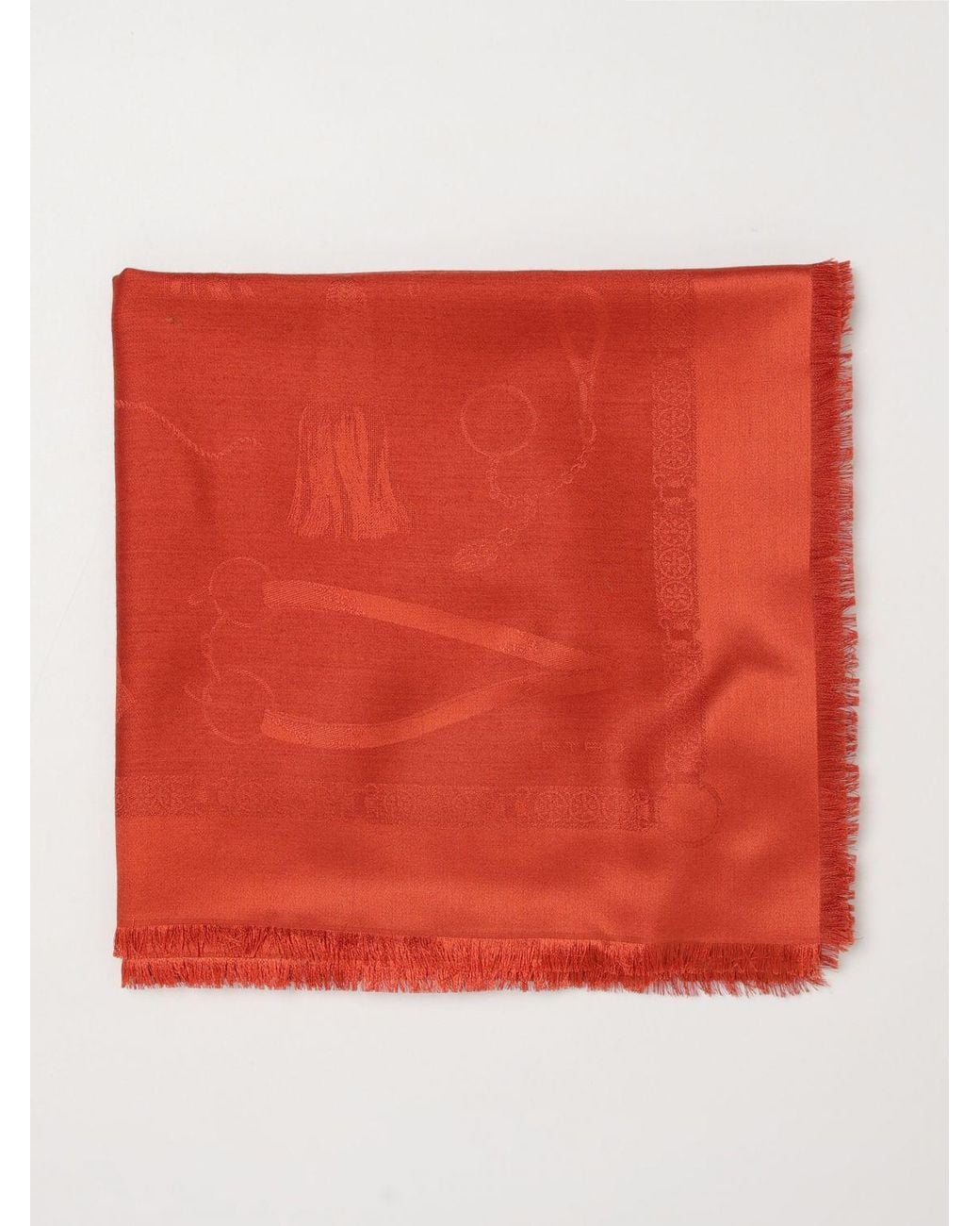 Etro Red Square Silk And Wool Scarf With Jacquard Pattern And Frayed Edges