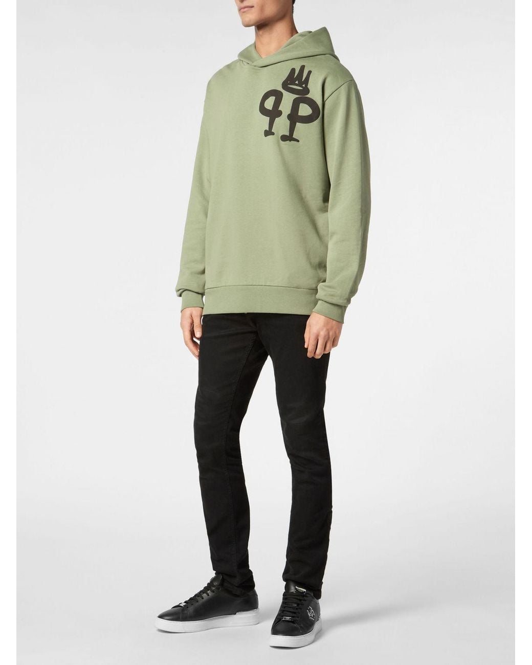 Philipp Plein Green Contrast Logo Cotton Hoodie With Kangaroo Pocket And Dropped Shoulders for men