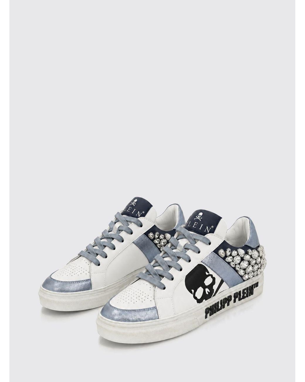 Philipp Plein White Skull Print Leather Low-Top Sneakers With Crystals