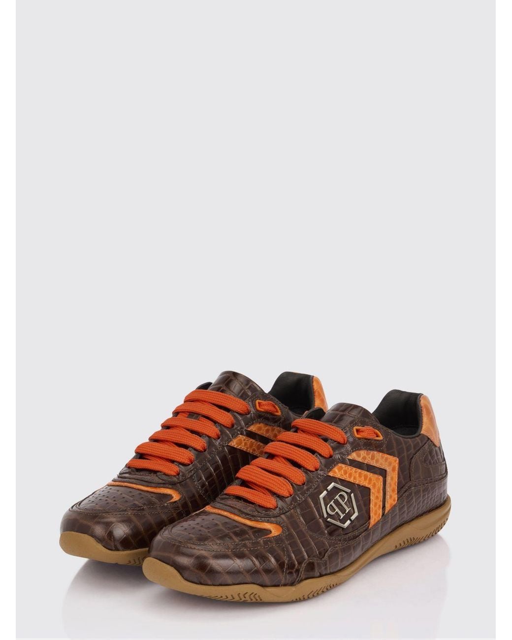 Philipp Plein Brown Pit-$Top Crocodile Print Leather Sneakers for men
