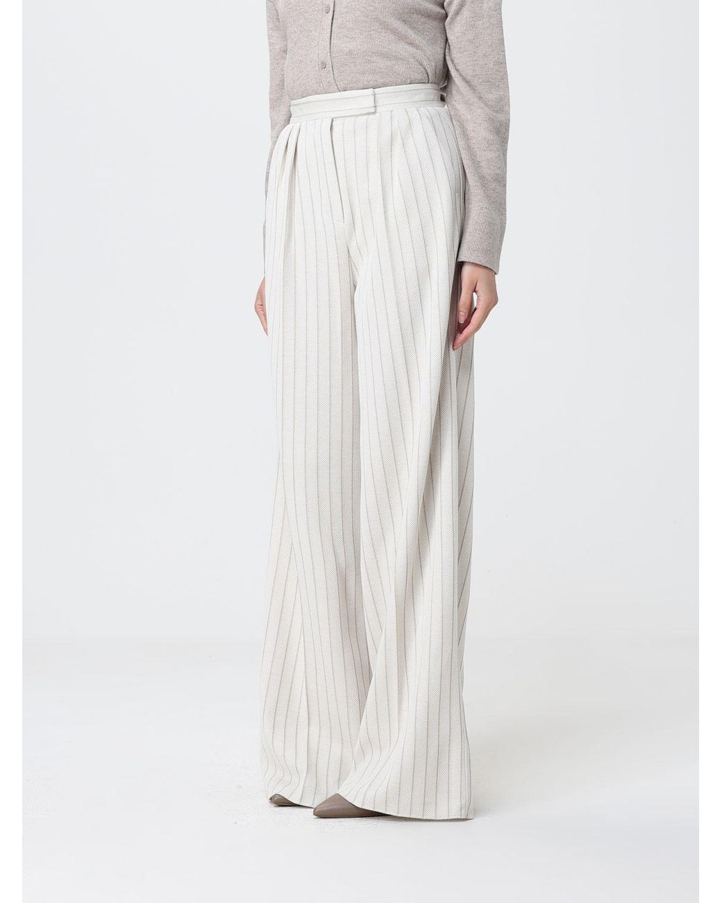 Max Mara White Striped Cotton Palazzo Trousers
