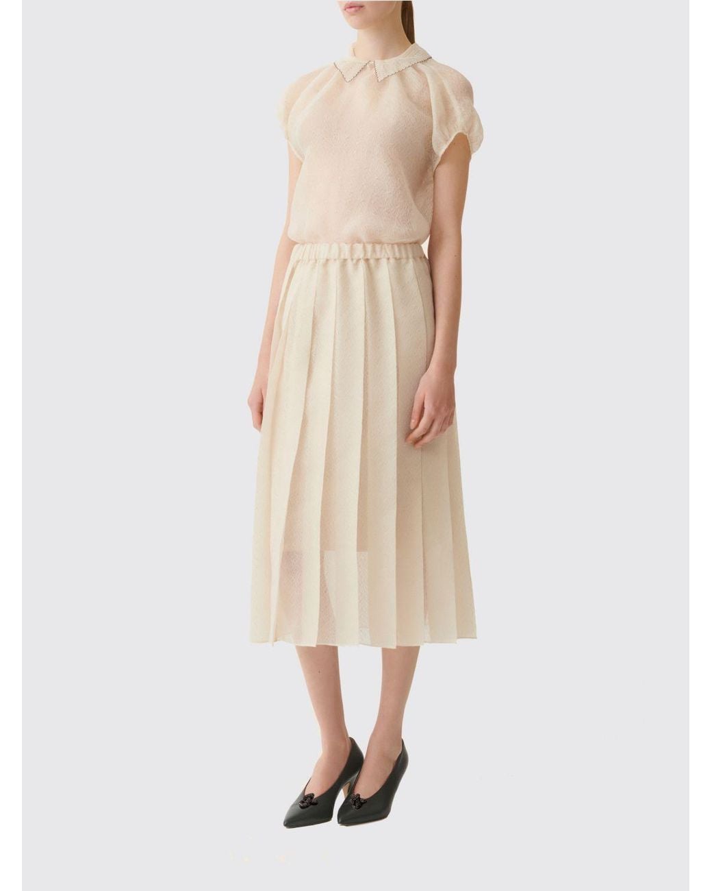 Fabiana Filippi Natural Pleated Silk-Blend Midi Skirt With A High Elasticated Waist