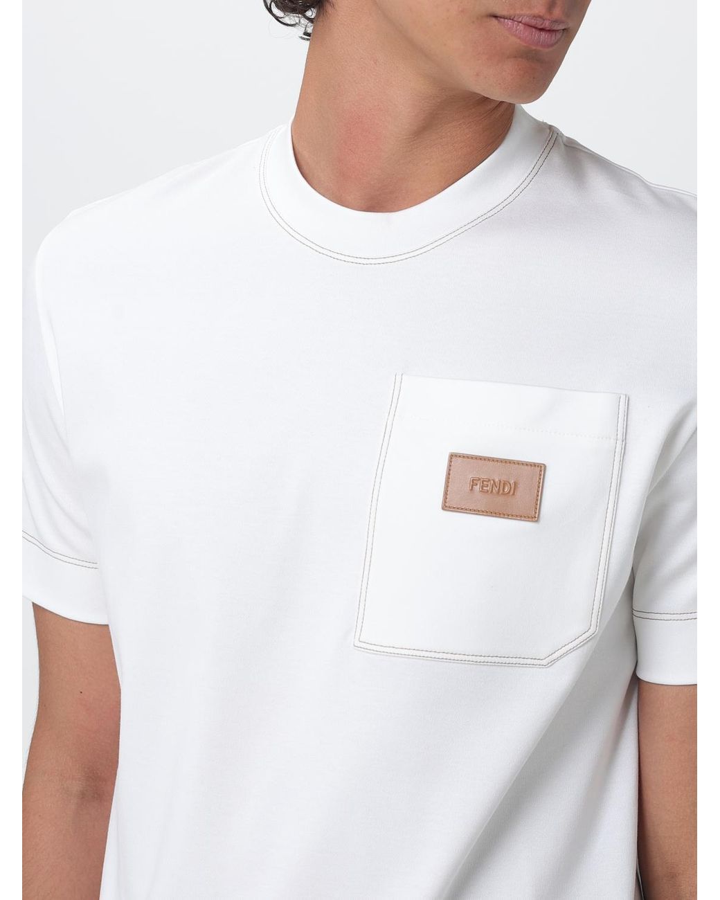 Fendi White Cotton T-Shirt With Patch Pocket And Applied Logo for men