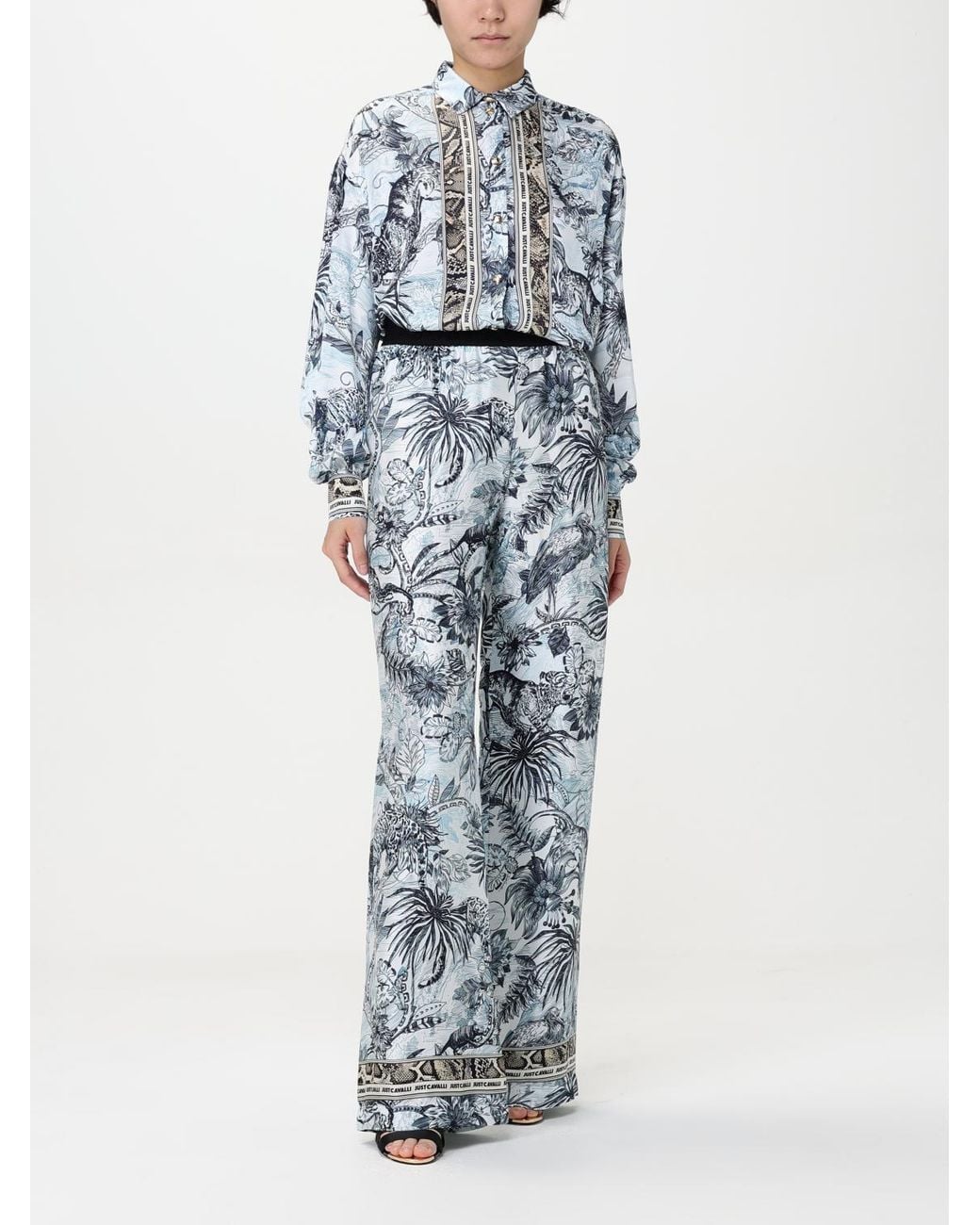 Just Cavalli Gray Tropical Print Wide Leg Pants