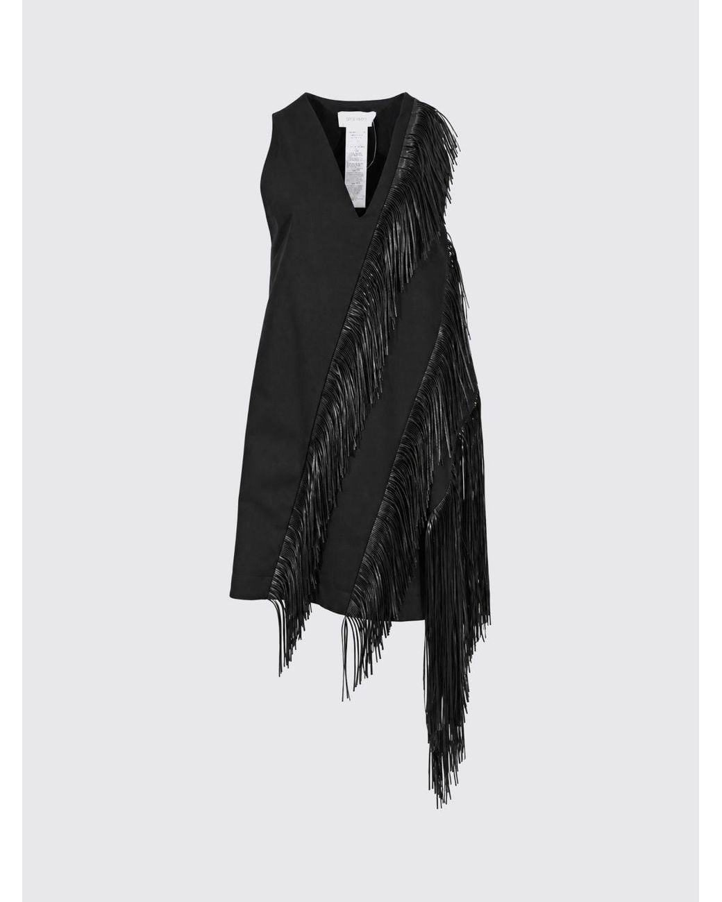 Sportmax Black Asymmetrical V-Neck Fringed Mini Dress