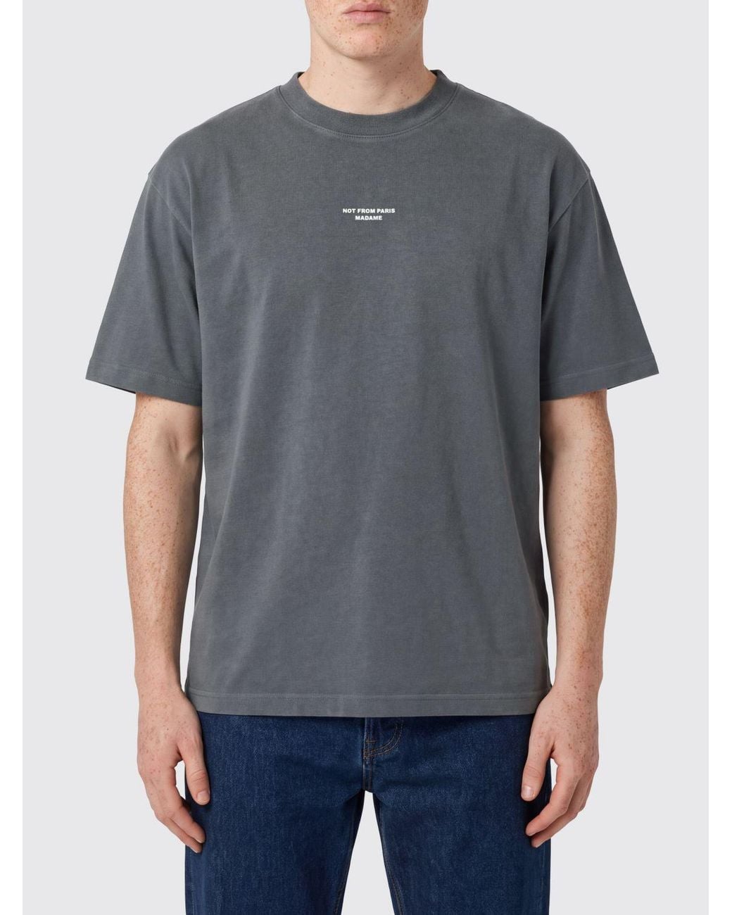 Drole de Monsieur Gray Slogan-Print Cotton T-Shirt With Dropped Shoulders for men