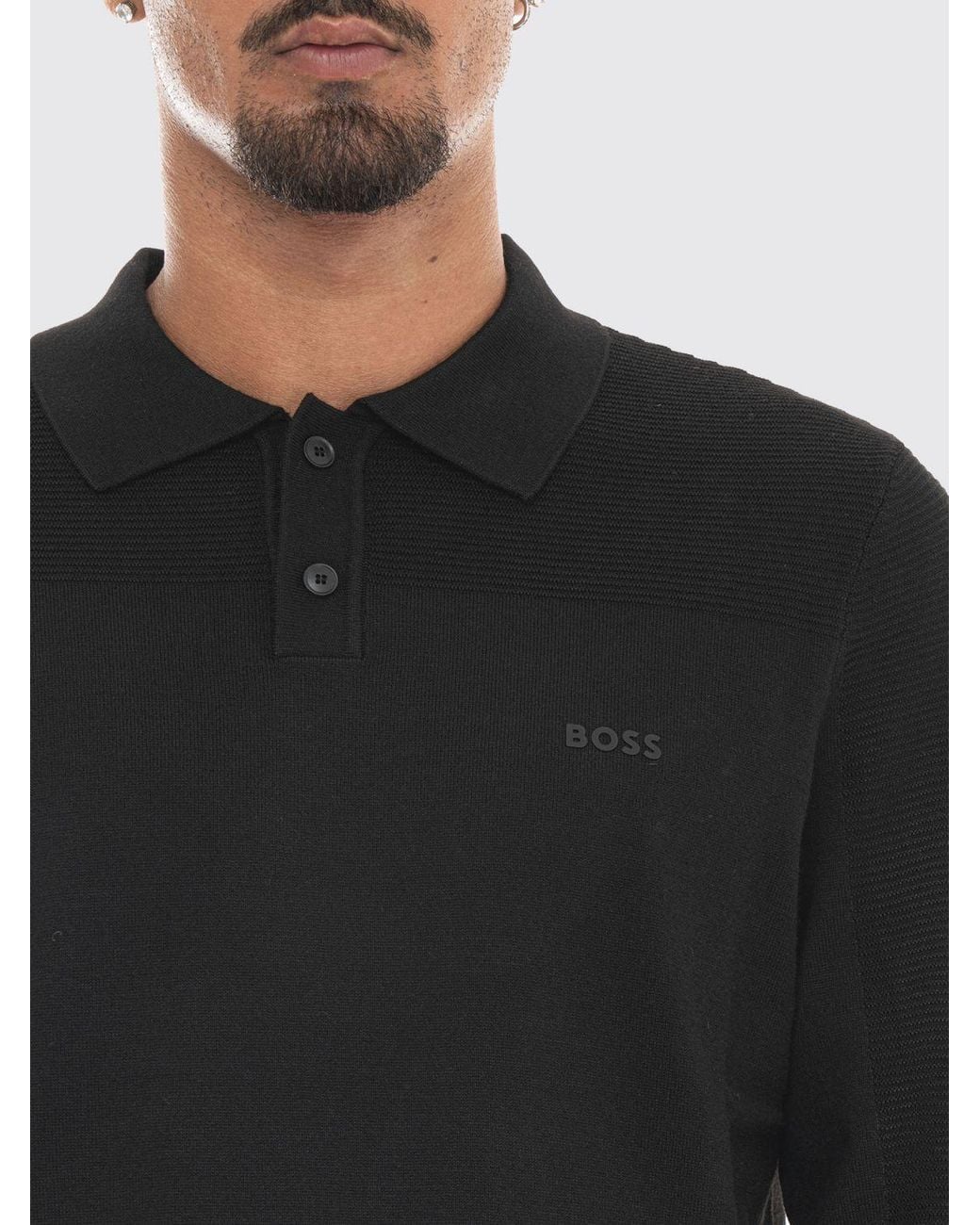 Boss Black Long-Sleeved Wool-Blend Polo Shirt With Ribbed Collar for men