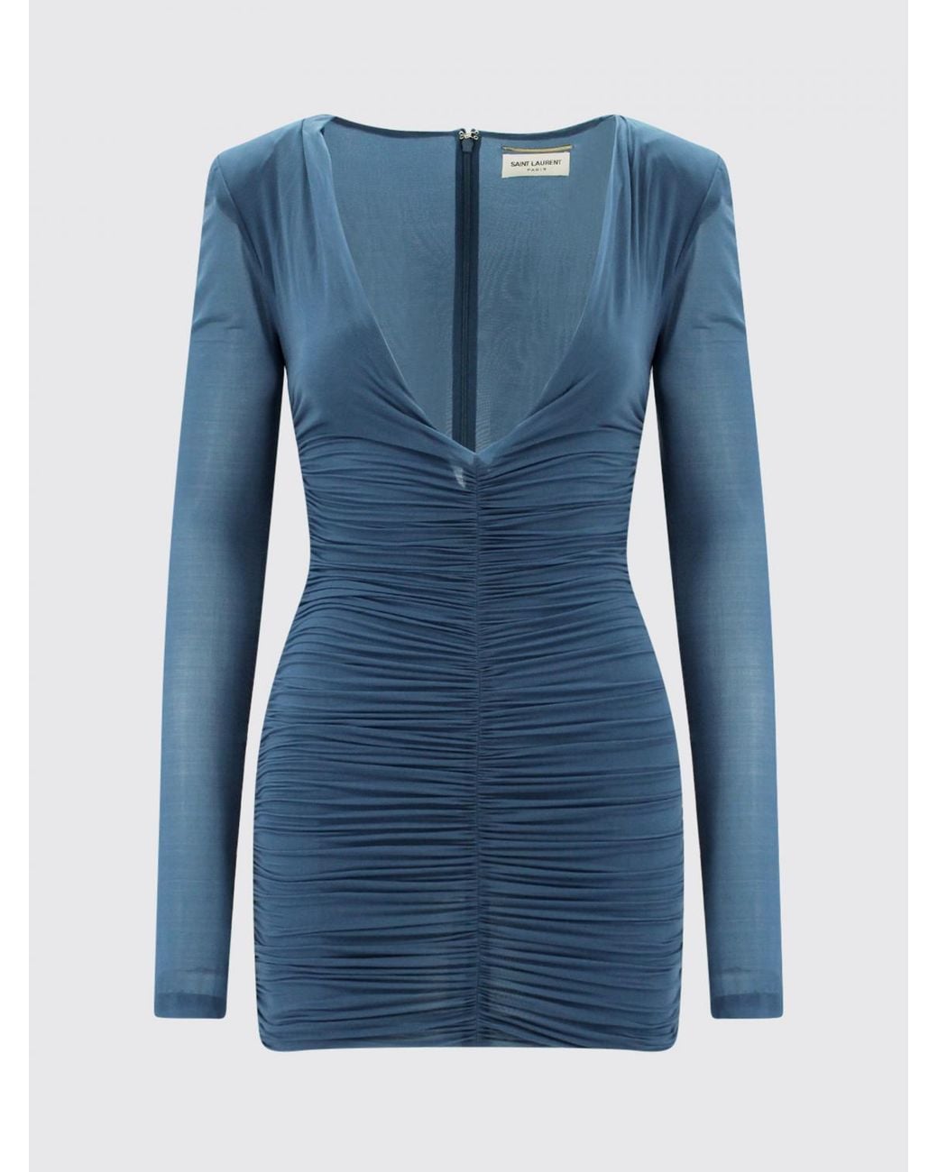 Saint Laurent Blue Ruched Jersey Sheath Mini Dress With A Deep V-Neckline