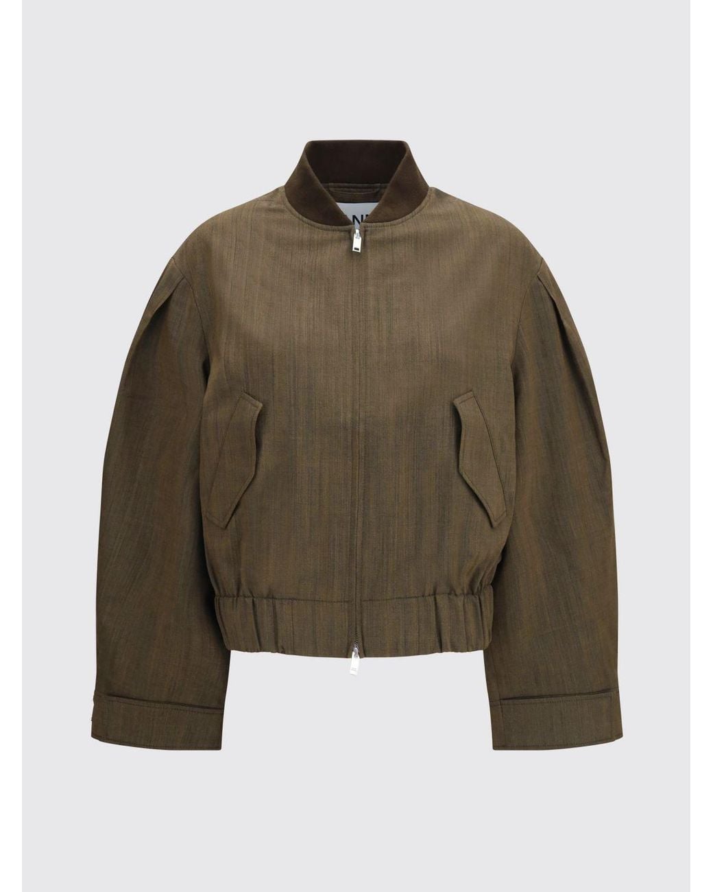 Ganni Brown Relaxed Fit Merino Wool Cropped Bomber Jacket With Zip Closure