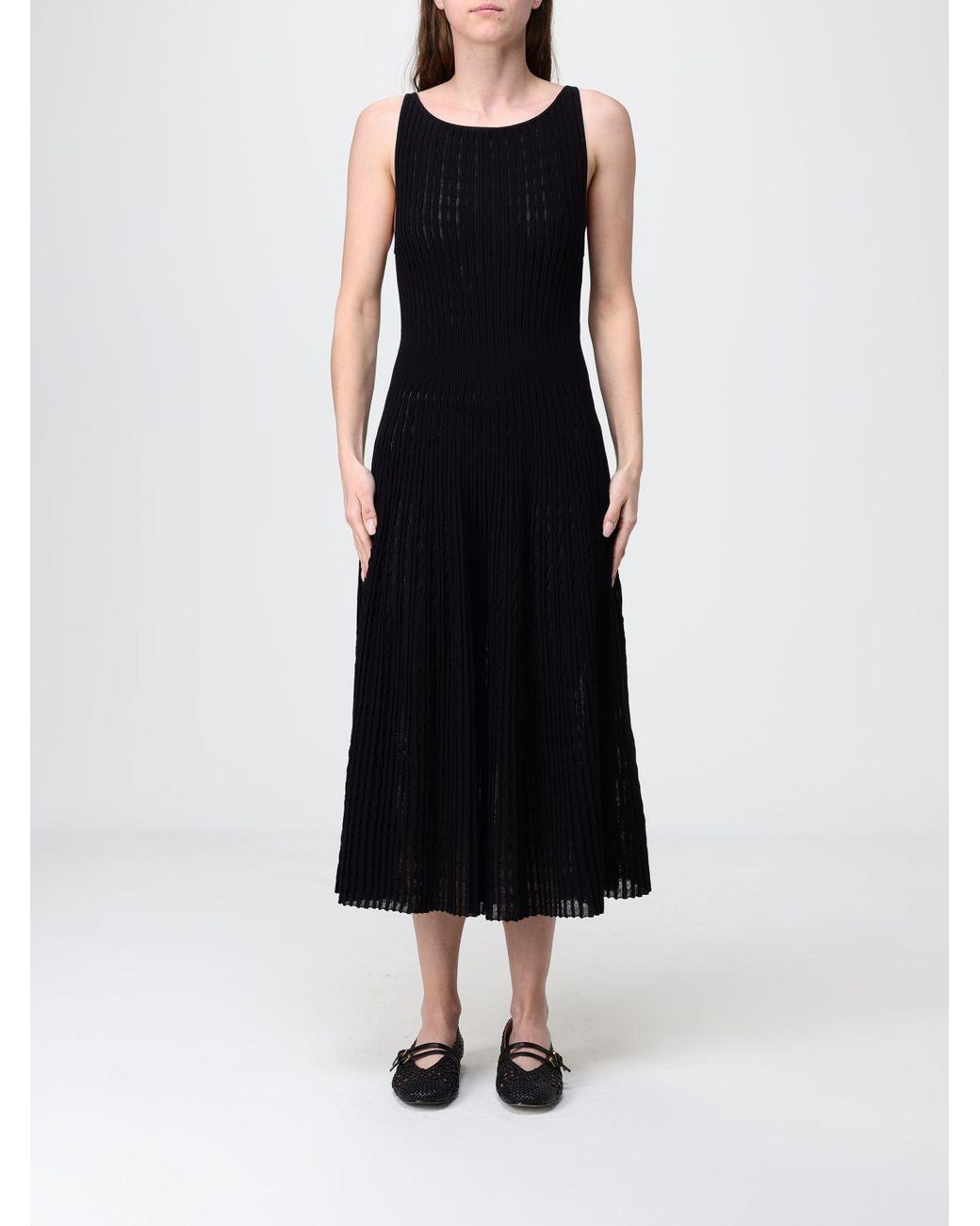Antonino Valenti Black Pleated Knit Off-The-Shoulder Midi Dress