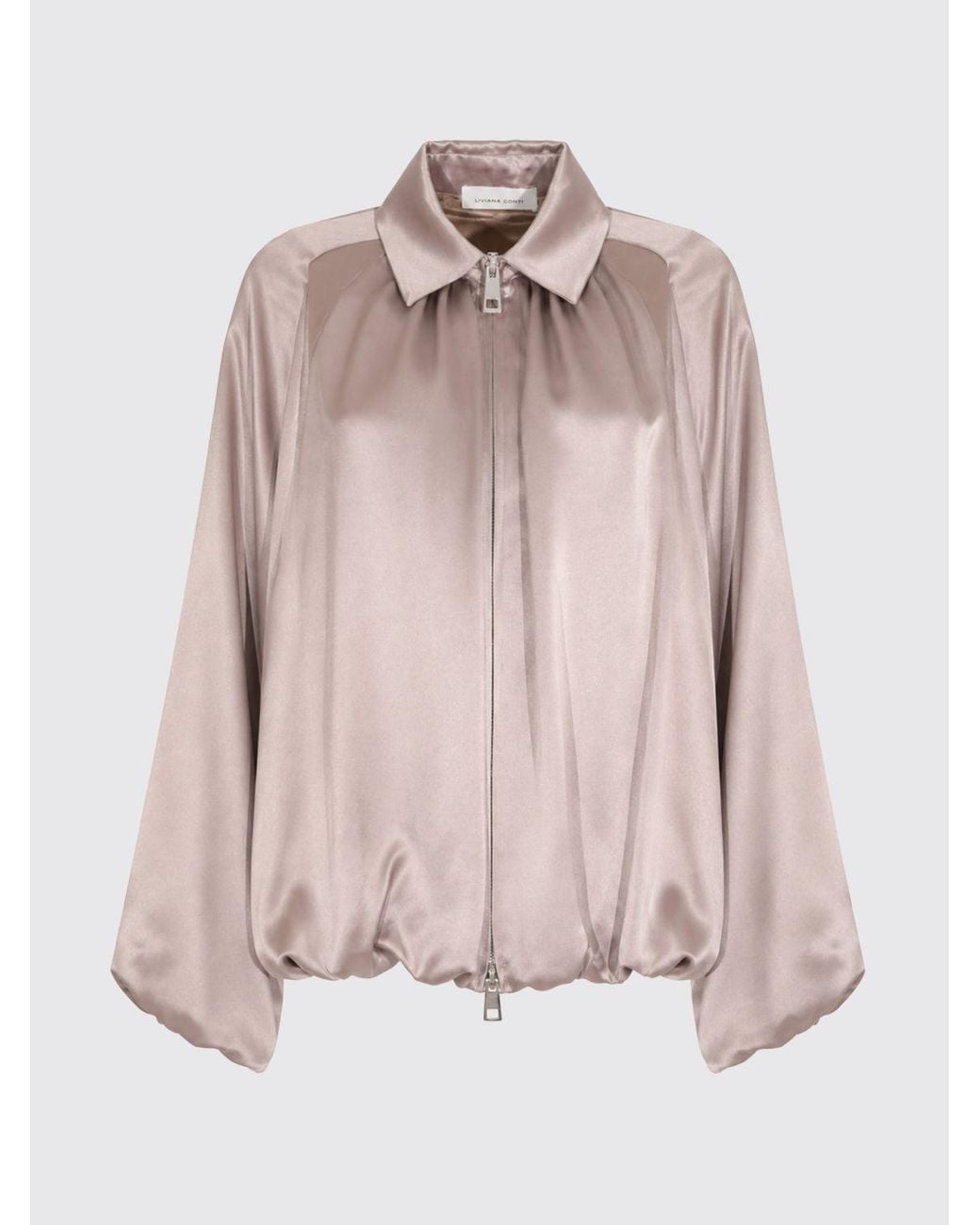 Liviana Conti Pink Cropped Draped Satin Bomber Jacket With Balloon Sleeves