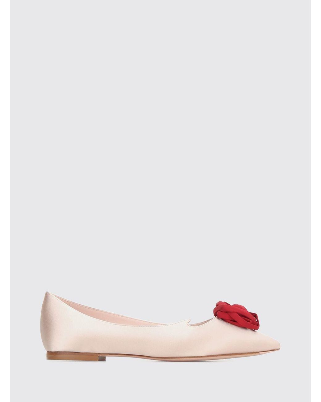 Roger Vivier Pink Rose Satin Ballet Flats With Embroidered Flower Appliqué