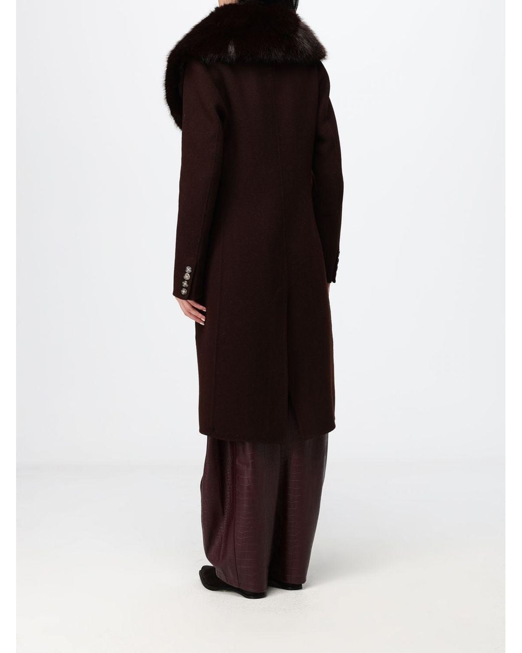 Hanita Black Single-Breasted Long Wool Blend Coat With Fur Collar