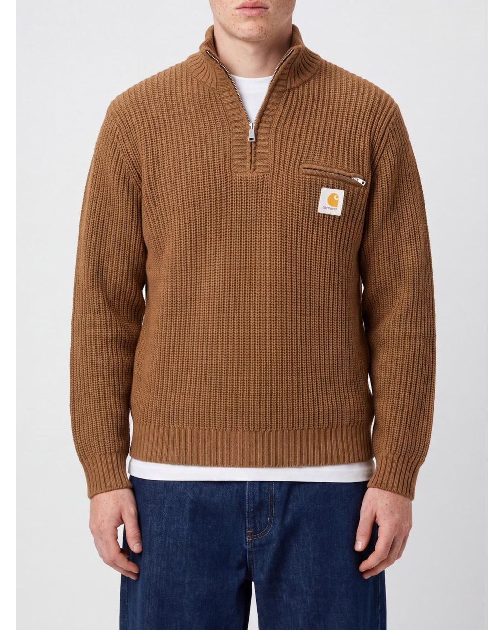 Carhartt Brown Wool Blend Roll Neck With Half-Zip And Logo Patch for men