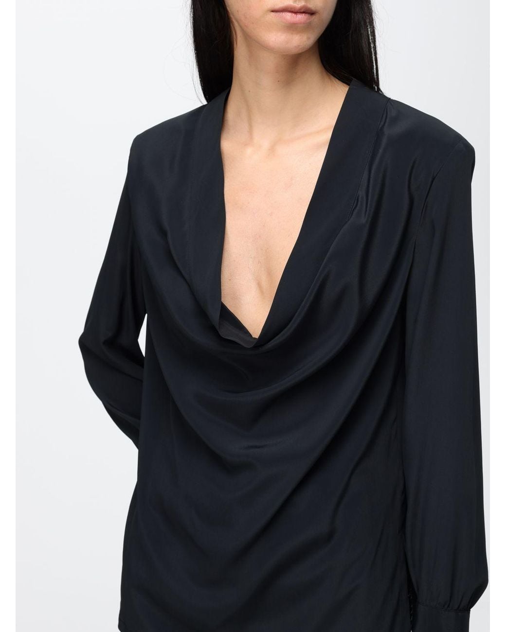 FEDERICA TOSI Black Draped-Neckline Long-Sleeved Silk Top