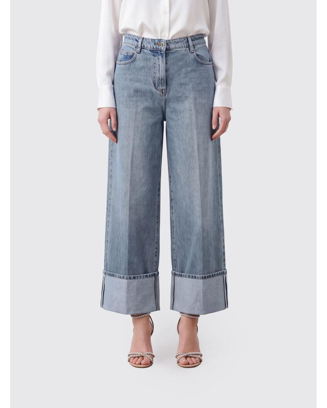 N°21 Blue High-Waisted Wide Leg Cotton Denim Jeans With Cuffs By