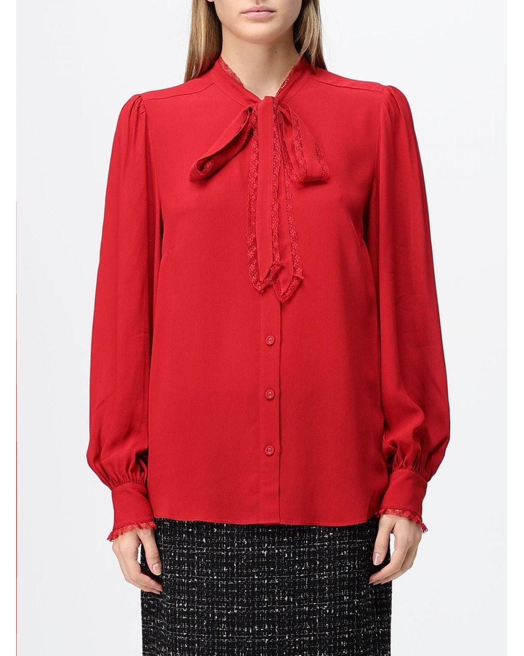 Twinset Red Viscose Blouse With Pussy-Bow Collar And Lace Inserts