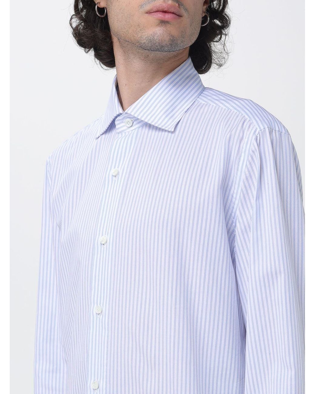 Luigi Borrelli Napoli White Luciano Long-Sleeve Striped Cotton Shirt With French Collar for men