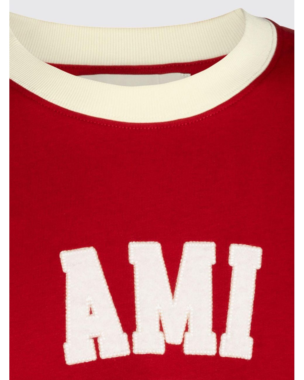 AMI Red Contrast Logo Cotton Crew Neck T-Shirt