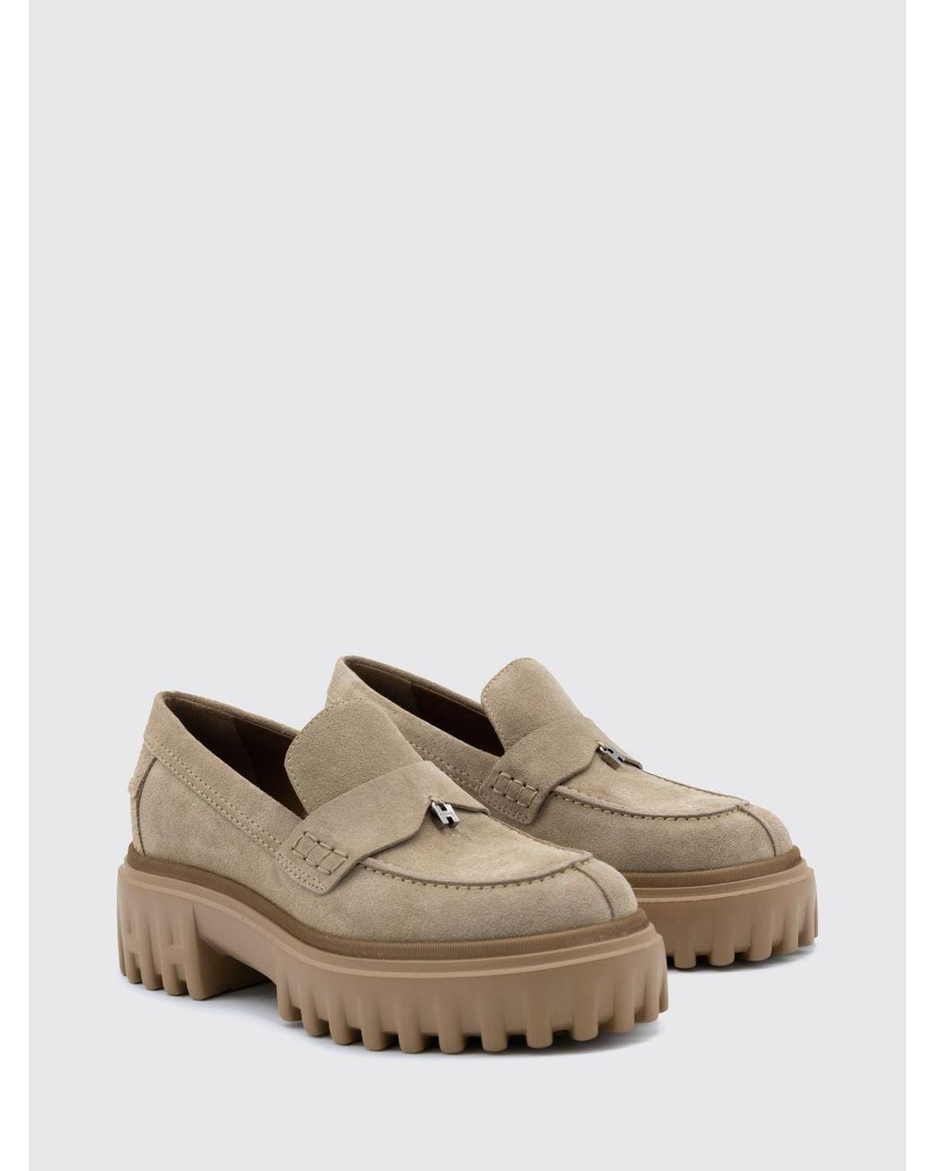 Hogan Natural H700 Suede Penny Loafers With Metal H Logo And Notched Sole