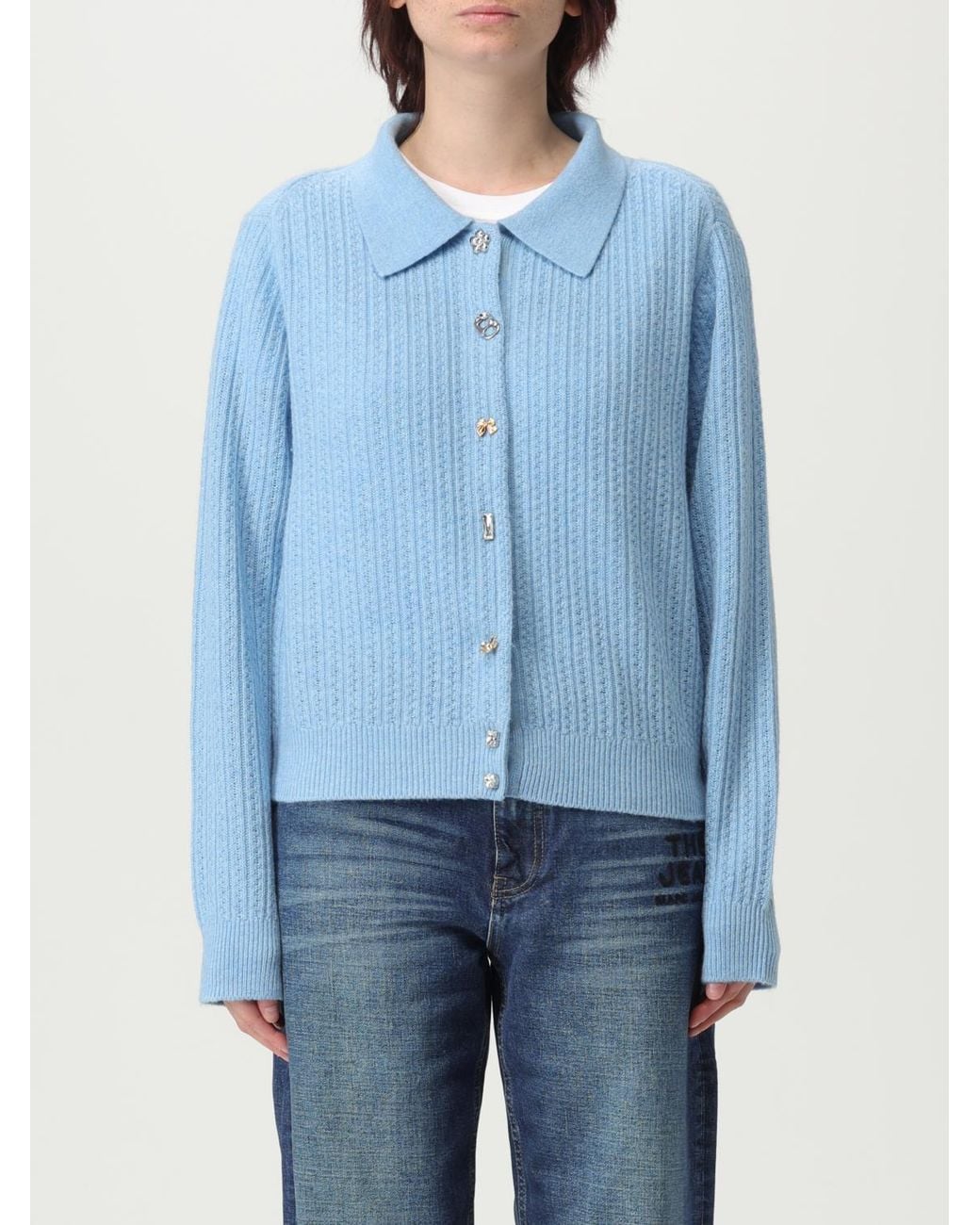Marc Jacobs Blue Collared Cardigan With Jewel Buttons Long Sleeves And Ribbed Knit Detail