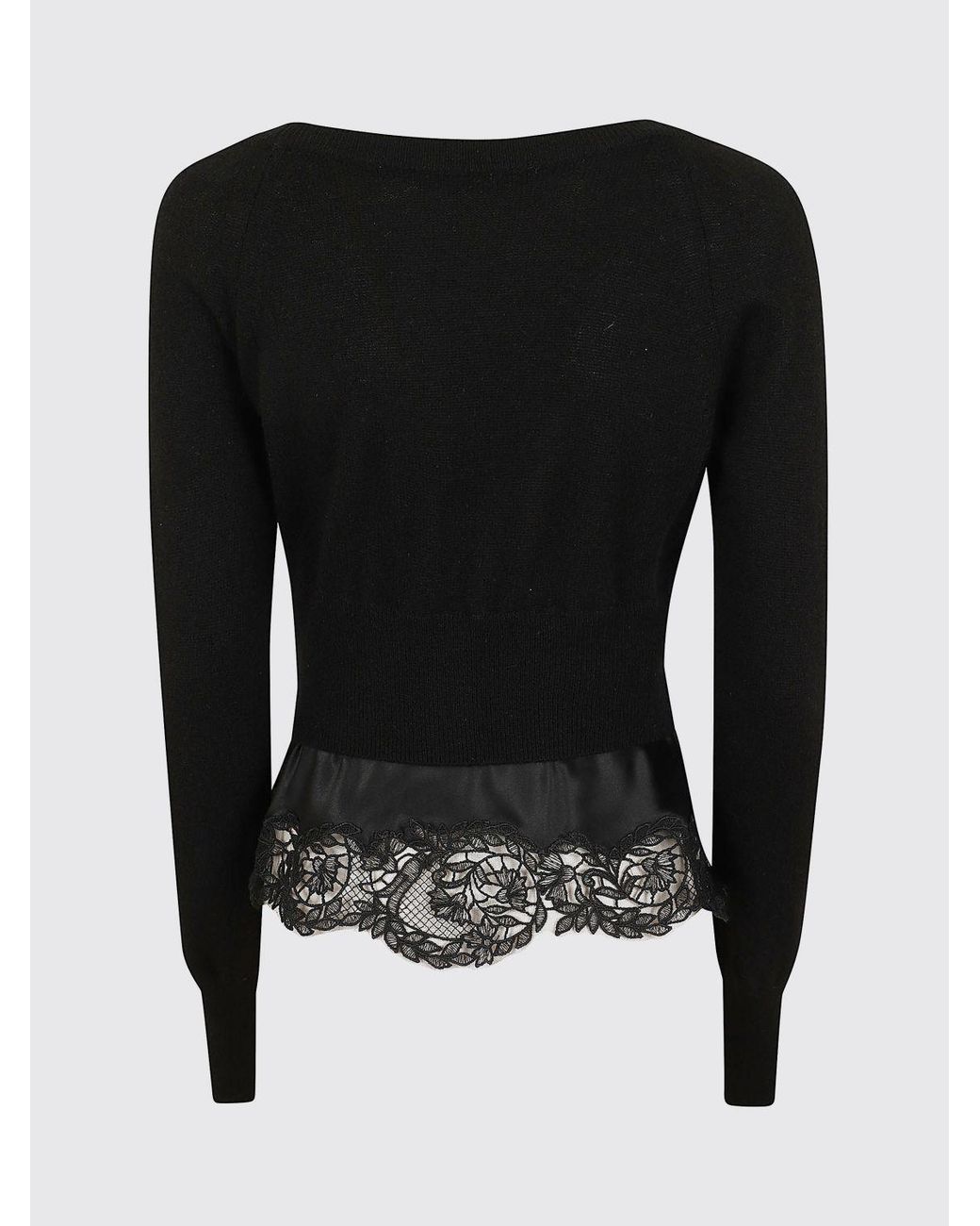 Ermanno Scervino Black Pure Cashmere Cardigan With Lace And Ruffled Hem