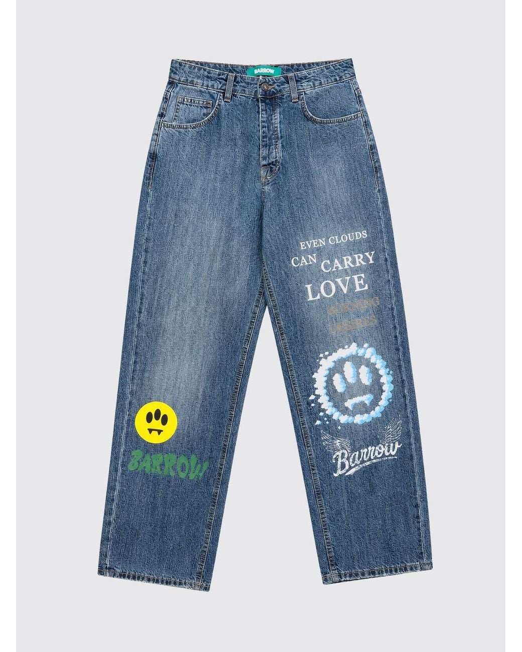 Barrow Blue Wide Leg Cotton Jeans With Graphic And Slogan Print for men