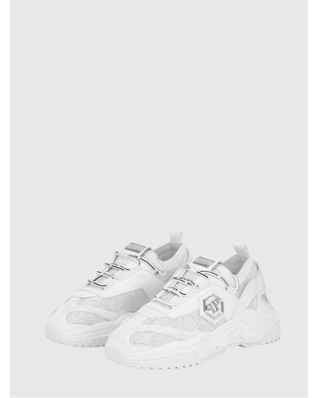 Philipp Plein White Low-Top Leather And Stretch Viscose Sneakers With Monogram And Rhinestones for men