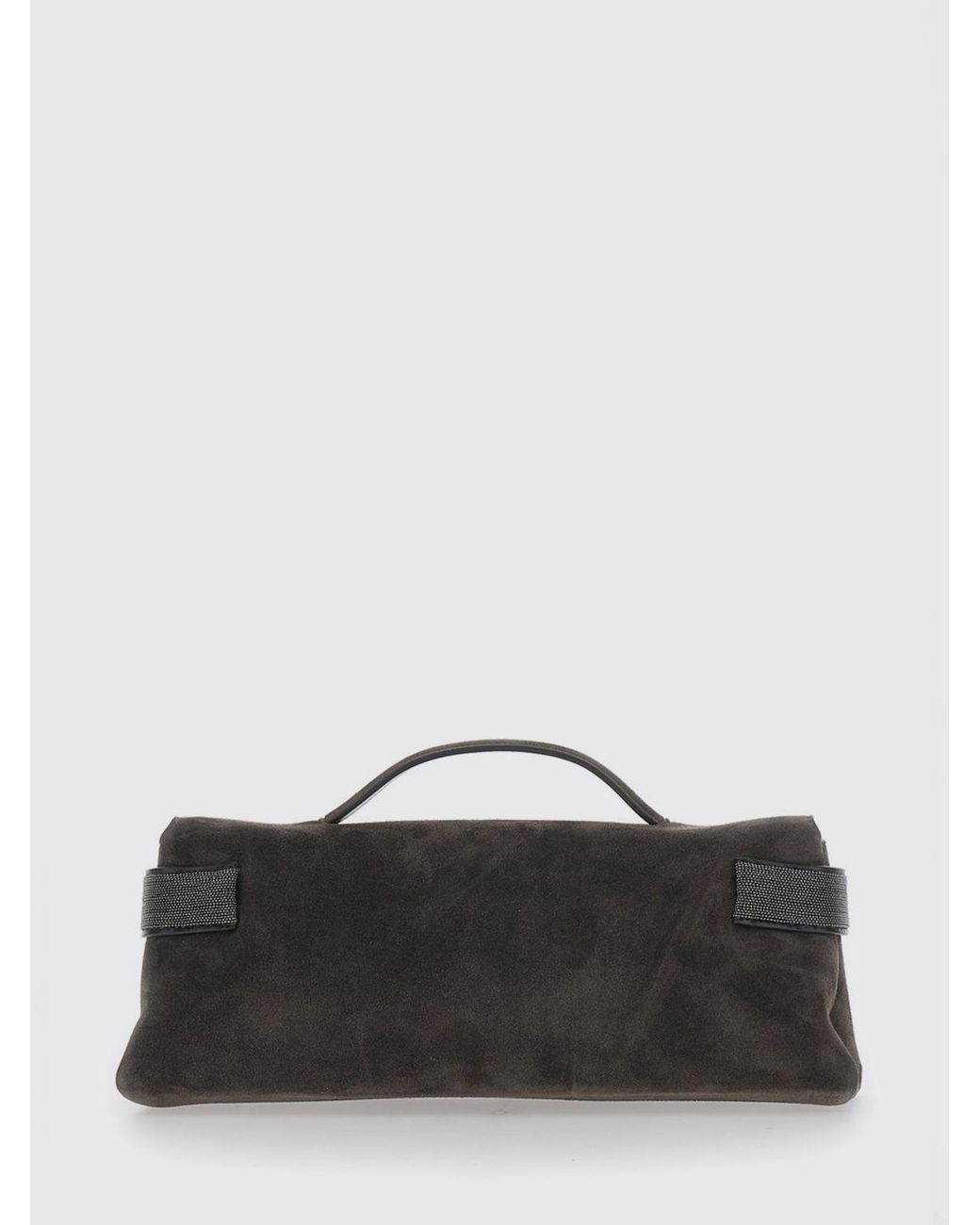 Brunello Cucinelli Black Suede Calfskin Clutch With Monili Embellishment
