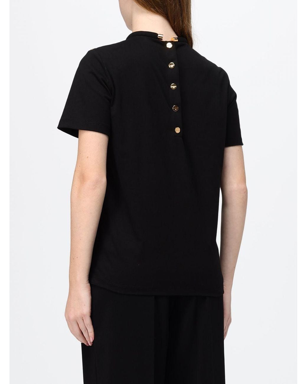 Elisabetta Franchi Black Cotton T-Shirt With Metallic Logo And Back Closure