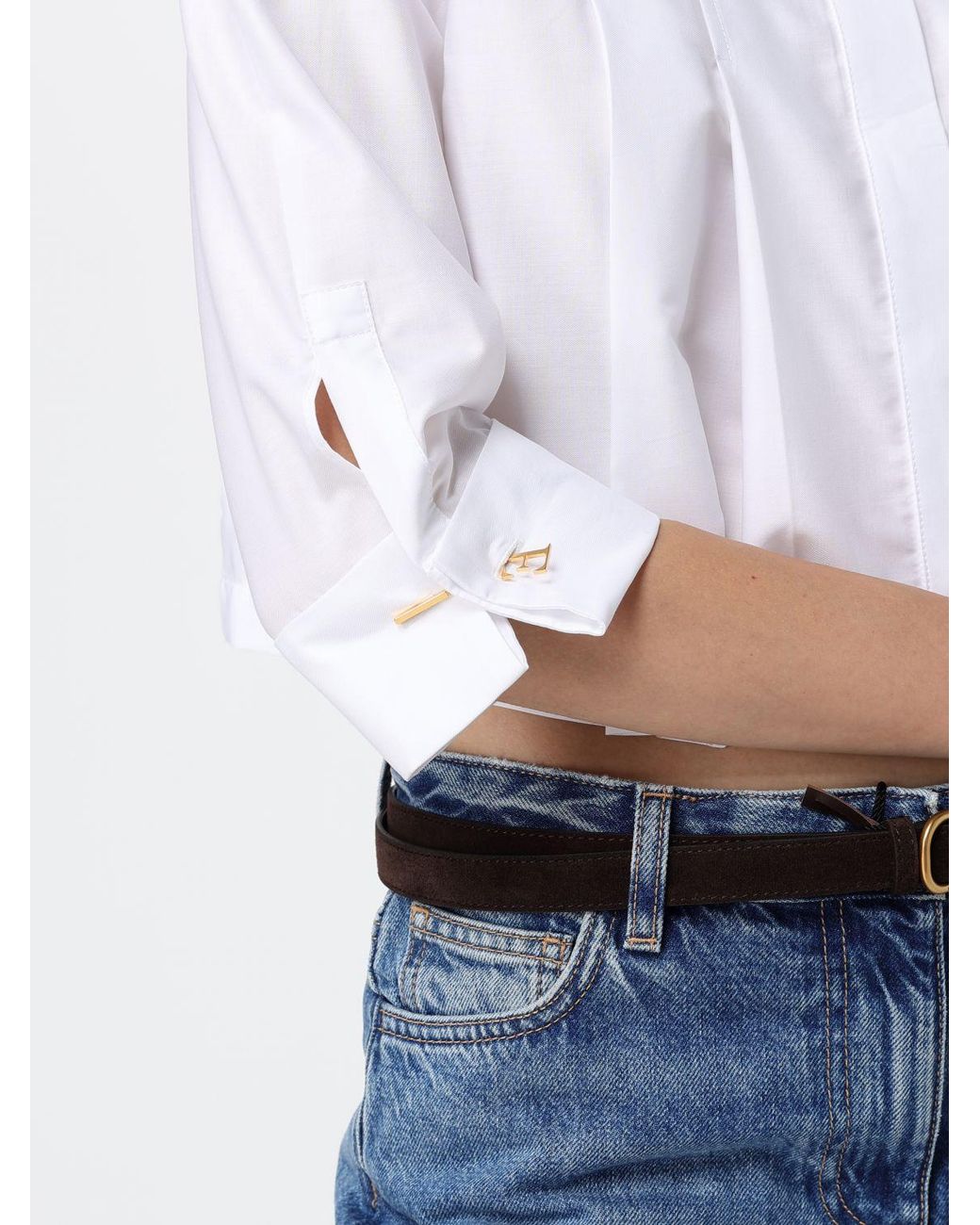 Elisabetta Franchi White Pleated Cropped Cotton Shirt With Pointed Collar