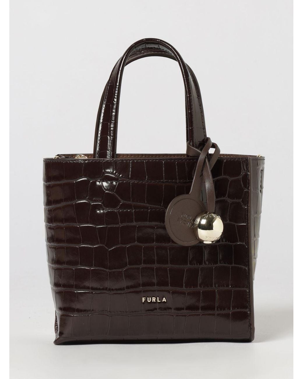 Furla Black Crocodile-Embossed Leather Mini Handbag With Logo Charm