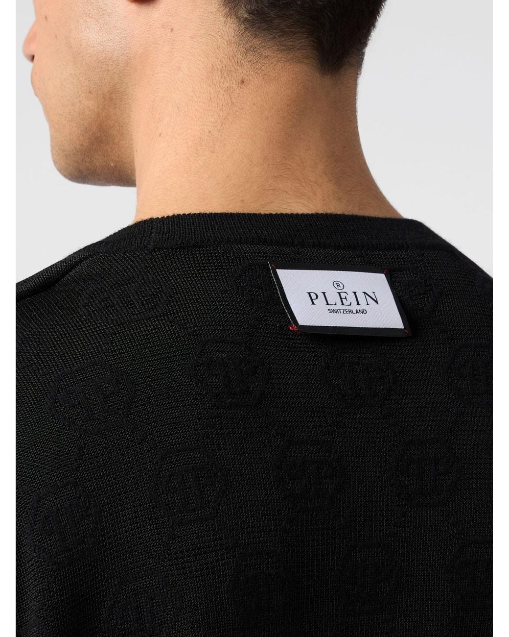 Philipp Plein Black Crew-Neck Merino Wool Jumper With Jacquard Hexagon Logo for men