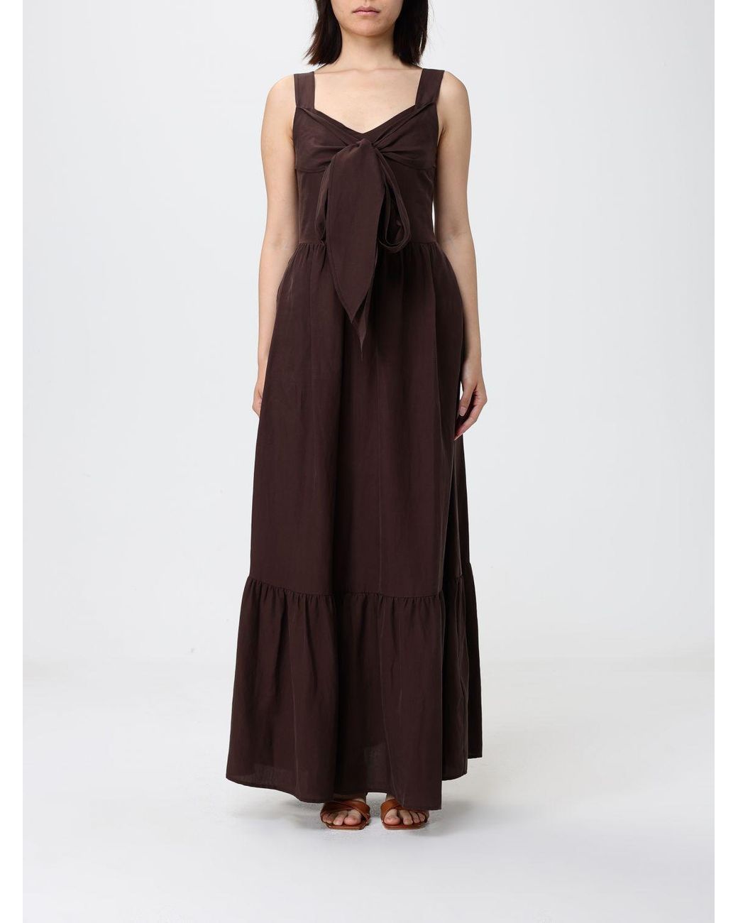 Liu Jo Brown Long Cotton Off-The-Shoulder Dress With Tie-Waist Belt
