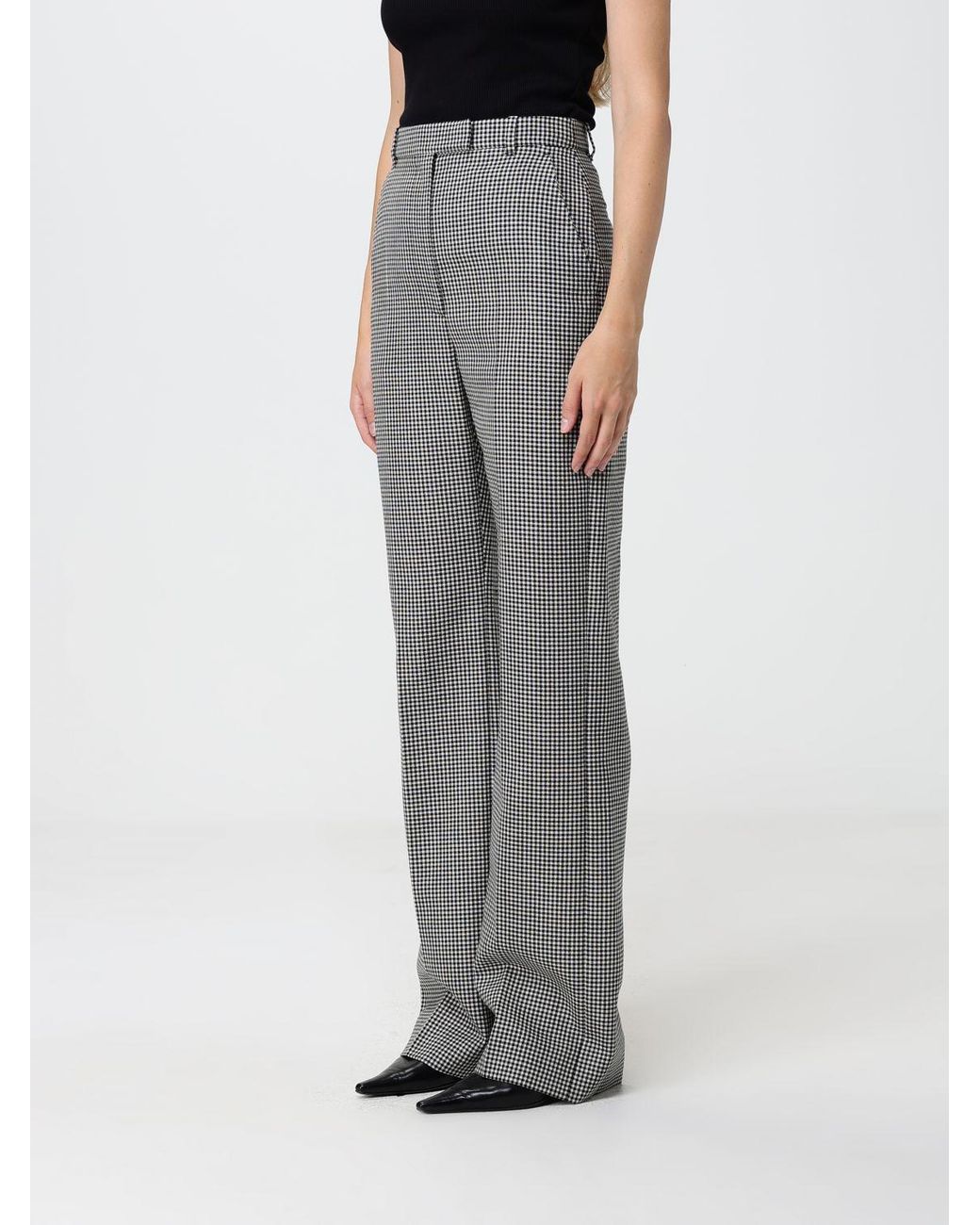 McQueen Gray Vichy Pattern Wool Flared Tailored Trousers With High Waist
